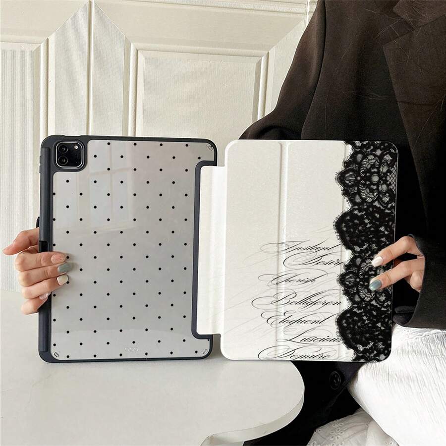 1pc Black Lace Vintage Cursive Script Black Polka Dot Tablet Case Foldable Stand With Multiple Viewing Angles For Work & Entertainment, Protective Tablet Case With Pen Slot Compatible With IPad Pro 2024/Air M3/A16 2025,Compatible With XIAOMI,Compatible With SAMSUNG,Compatible With Huawei Matepad
