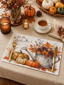 感恩節秋季廚房裝飾桌旗 Hello Autumn 復古澆水壺南瓜圖案 鄉村風感恩節餐桌裝飾 楓葉松果蠟燭印花桌布 餐廳廚房家居裝飾 - 彩色 - 查看 4