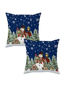 1/2/4pcs Vintage Christmas Night Scene Pillow Covers, Snowman & Forest Animal Pattern, Cozy Winter Home Decor Cushion Cases - Multicolor - View 10