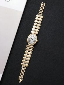 Exquisite Luxury Twisted Alloy Chain Watch, Classic Roman Numeral Oval Dial Versatile Women's Quartz Watch, Gift For Girlfriend (1pc/Set) Watch Box Not Included - Gold - View 8
