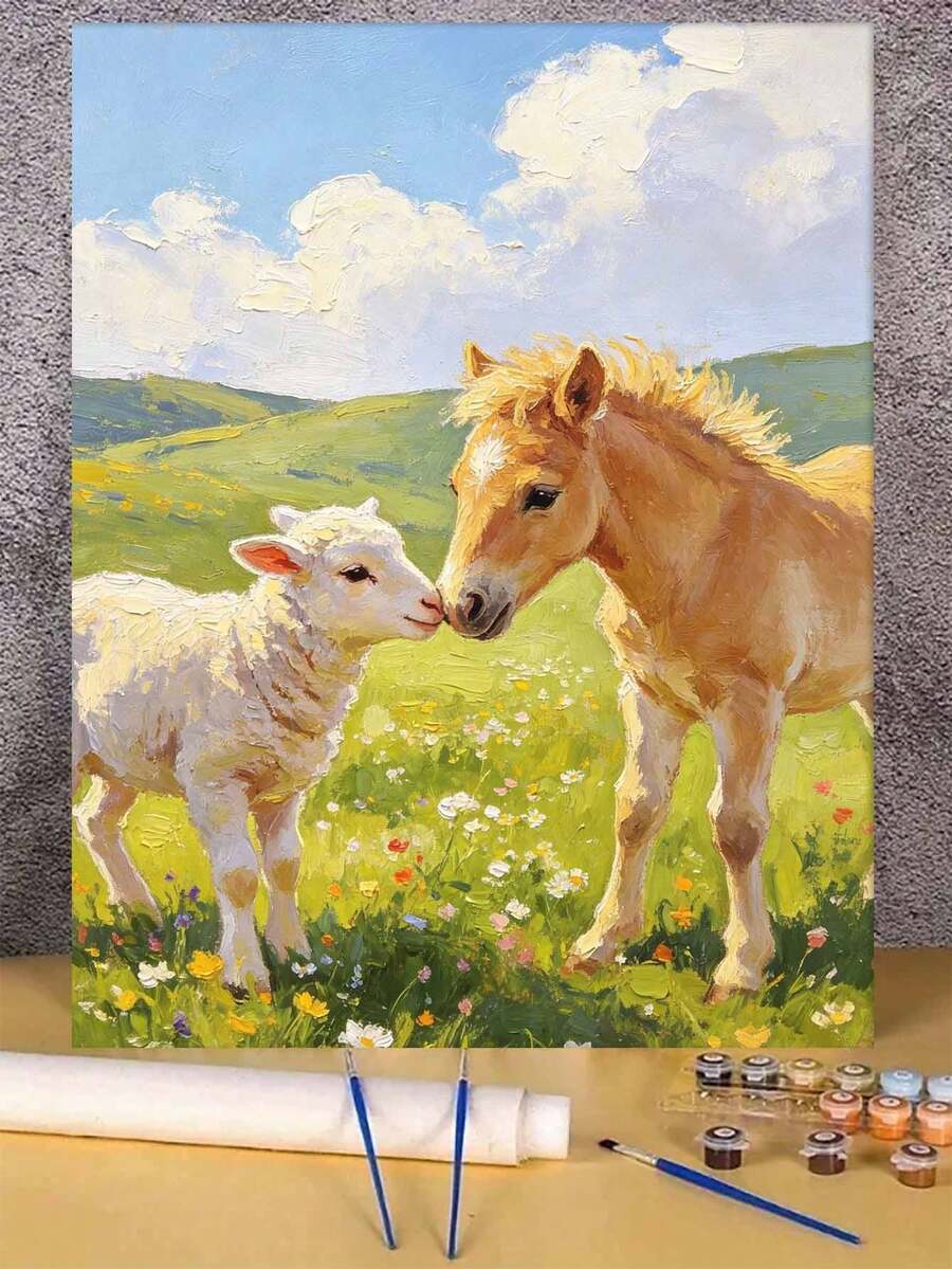 1pc Horses And Sheep DIY Oil Painting By Numbers, Canvas Painting DIY Crafts, Adult Home Decoration, Holiday Gift.