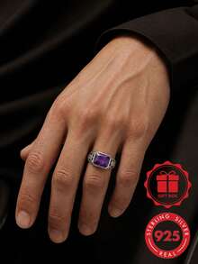 S925 Sterling Silver Vintage Carved Square Purple Zirconia Wide Band Ring Men's Luxury Distressed Finger Ring Gift Box Set - Silver - View 3