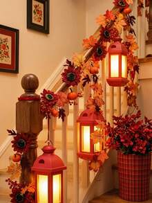2pcs 78.7 Inch Realistic Artificial Sunflower Pumpkin Red Berry Maple Leaf Garland, Autumn Maple Leaf Garland, Home Decor Artificial Plants, Thanksgiving/Christmas/Halloween Room Decoration, Wedding, Outdoor, DIY, Autumn Decoration, Fireplace Party Decoration, Garden - Red - View 5