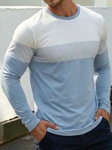 Men's Autumn/Winter Minimalist Casual Blue & White Colorblock Striped Long Sleeve T-Shirt - Multicolor - View 4