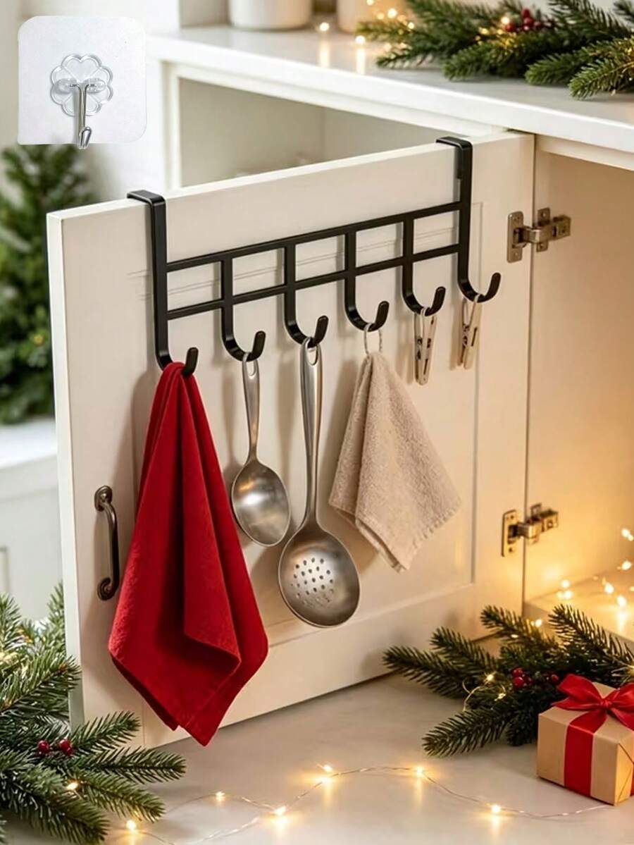 Over-The-Door Hook Storage Rack With Adhesive Hooks, Bathroom Door Hook, Silent Over-The-Door Clothes Hook Rack, Metal Material, Multiple Hooks, Space-Saving And Easy To Install, Suitable For Bedroom, Laundry Room - Multicolor - View 1