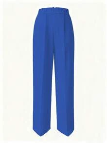 Women's Long Straight Leg Pants, Made Of Polyester, With Button & Zipper Closure, Pockets, Slightly Stretchy Fabric Spring - Blue - View 3