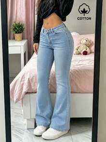 MYOURSA Light Blue Washed Stretch Low Waist Flare Jeans, Comfortable Campus Daily Wear Bootcut Denim Pants Casual Fall - Light Wash - View 6