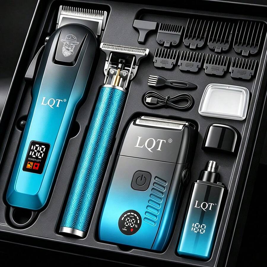 LQT Household Grooming Kit(2pcs/3pcs/4pcs), Cordless Rechargeable Hair Clipper & T‑Blade Trimmer & Foil Shaver & Nose Hair Trimmer, LED Digital Display, With Multiple Guide Combs, USB-C Charging, Christmas Holiday Gift For Men - View 1
