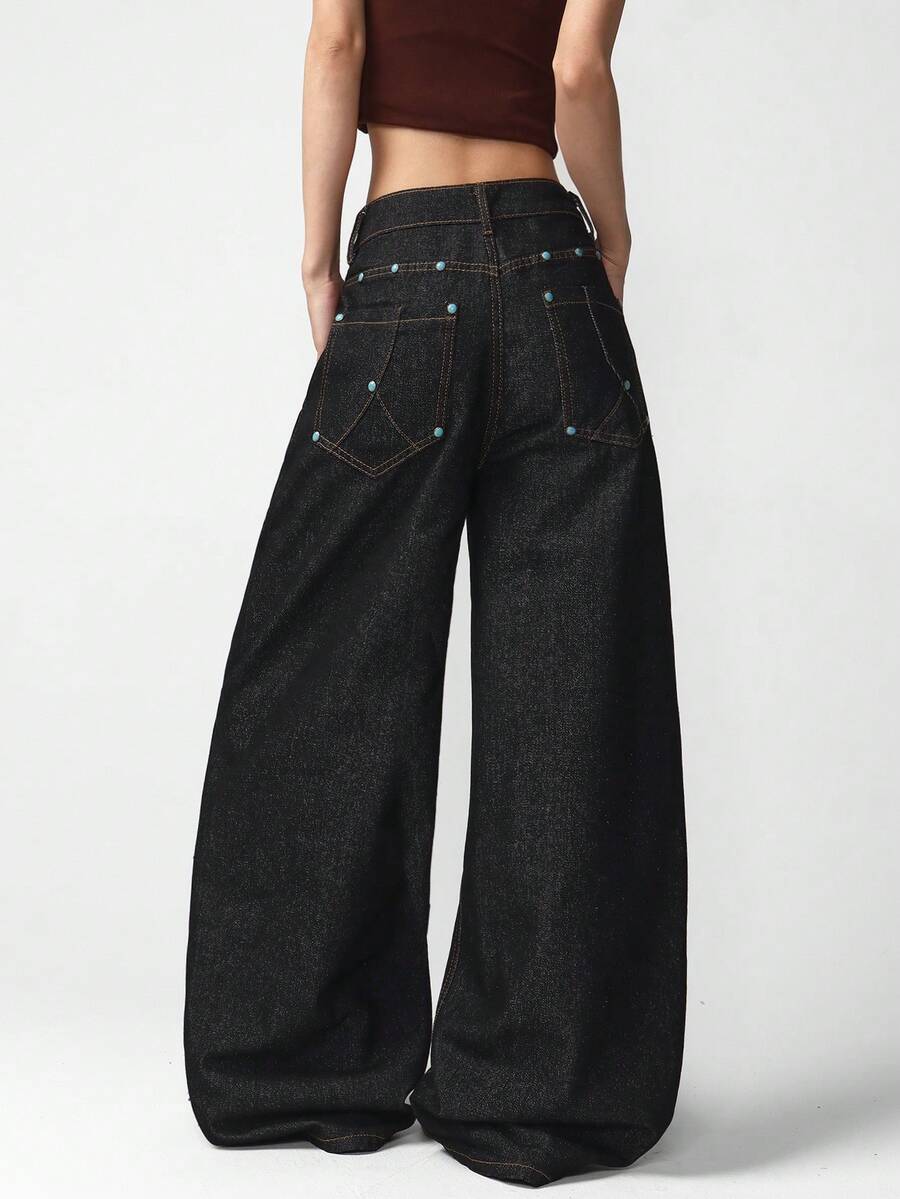 1pc Women's Retro American Street Style Distressed Blue Rivet Patchwork Back Pocket Loose Comfortable Wide Leg Jeans, Fashionable Versatile Denim Pants For All Seasons (Belt/Accessories Not Included) - Black - View 1