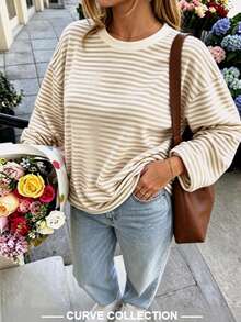 Women's Striped Round Neck Long Sleeve Plus Size Knit T-Shirt, Regular Length Medium Stretch, Comfortable Autumn Basic Top - Khaki - View 3