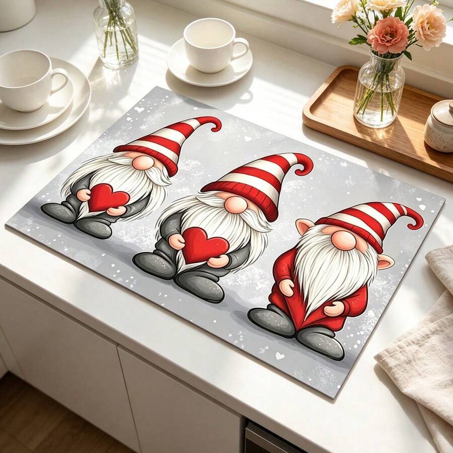 1pc Dish Drying Mat, Coffee Machine Mat, Valentine's Day Red Striped Gnome Cute Pattern, Suitable For Kitchen Countertop Cup And Plate Drying, Fun Dish Drying Mat For Holiday And Daily Use, Multi-Purpose Drying Mat, Home Gift, Tabletop Decor