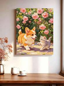 1pc Cat & Dog DIY Number Painting, Canvas Painting DIY Handmade, Adult Home Decor, Holiday Gift - Sets - View 3