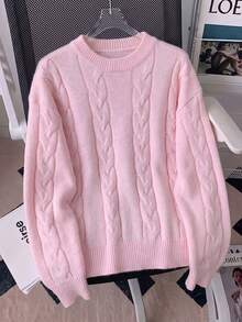 Halloween Academy Style Gentle & Sweet, Pink Cable Knit Sweater, Loose Fit Autumn Back To School Outfit - Pink - View 6