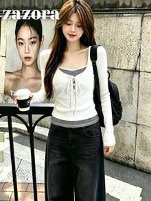 Korean Style Autumn 2 In 1 Striped Patchwork U-Neck Drawstring Long Sleeve Slim Fit Regular Base Layer Top - White - View 1