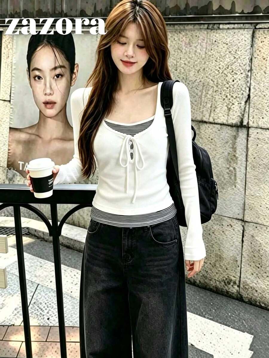 Korean Style Autumn 2 In 1 Striped Patchwork U-Neck Drawstring Long Sleeve Slim Fit Regular Base Layer Top - White - View 1