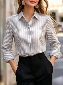 Women's Striped Color Block Button Front Shirt, Asymmetric Hem Collared Long Sleeve Top For Business, Office, Home, Vacation,Spring Summer Fall Winter - Grey - View 8