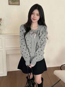 Korean Chic Niche Ribbon Polka Dot Button Loose Round Neck Cardigan Long Sleeve Sweater For Women - Grey - View 1