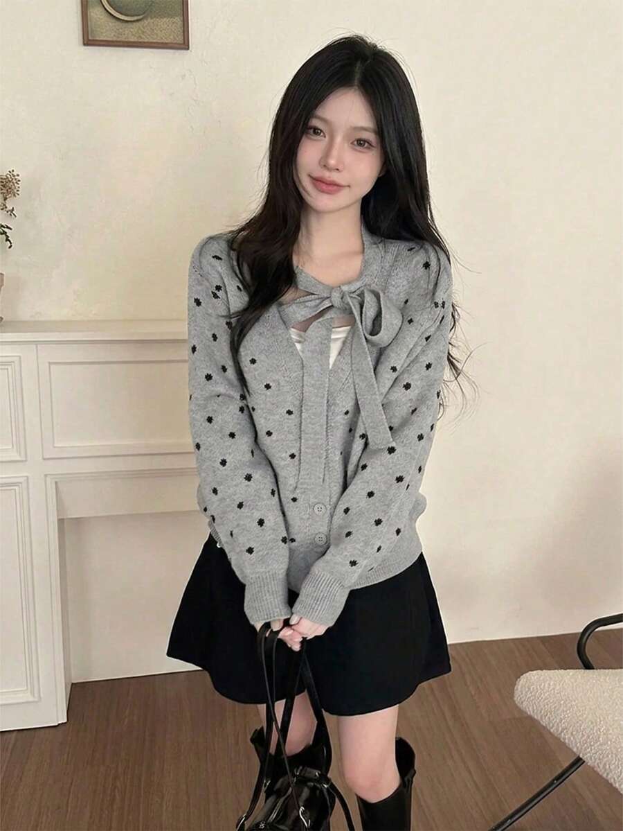 Korean Chic Niche Ribbon Polka Dot Button Loose Round Neck Cardigan Long Sleeve Sweater For Women - Grey - View 1