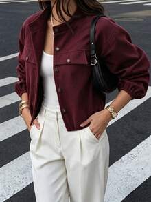 Vintage Wool Pocket Jacket Women Stand Collar Metallic Cropped Fall Winter Fashion - Wine Red - View 5