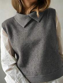 Autumn/Winter Solid Color High Neck Convertible Collar Sleeveless Knit Vest, Casual Street Style Heather Gray Tank Top - Dark Grey - View 3