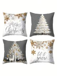Christmas Decorative Pillow Covers (4pcs/1pc), Grey And White Background With Christmas Tree, Reindeer And Gold Snowflake Pattern, Suitable For Sofa Or Bedroom, Size 18x18 Inches, Made Of Soft, Durable And Fade-Resistant Fabric, Machine Washable (Pillow Insert Not Included) - Multicolor - View 7