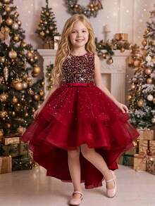 Young Girls Sleeveless Sequin Bow Mesh Tulle Train Puff Elegant Dress Suitable For Party, Headband Not Included - Burgundy - View 2