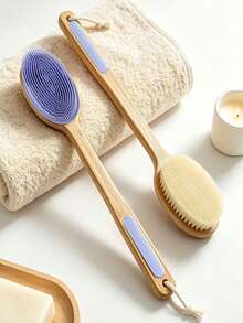 1pc Long Handle Double-Sided Bath Brush, One Side Flocked Bristles And One Side Silicone Brush, Non-Slip Hanging Scrub Brush, Unisex, Long Handle Bathing Tool - Multicolor - View 5