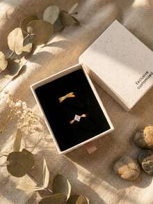 2pcs Design Sense Small Double Ring Brushed Light Year Vintage Handmade Star Copper Rings, Personalized Versatile Starry Cool Aesthetic Finger Rings For Party, Gift, Daily Wear With Gift Box - Gold - View 2