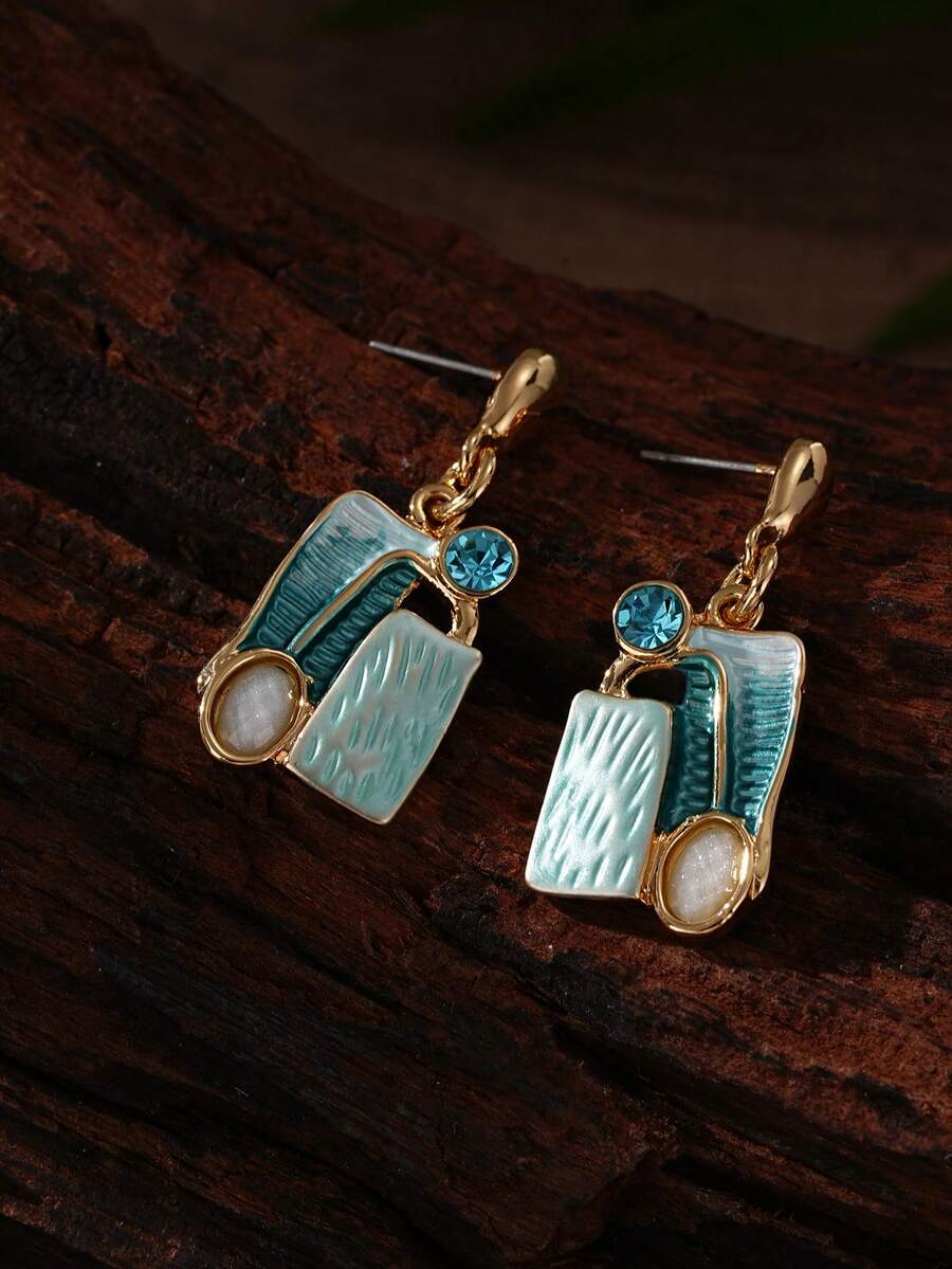 1 Pair Women Retro Geometric Color‑Block Enamel Drop Earrings,Inlaid Glass Dangle Earrings, Vintage Art Statement Ear Jewelry For Daily Party Dating - Geometry - View 1