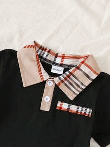BrownBark 2 件套年轻男孩时尚格子纹理 Polo 衫和格子短裤套装，夏季休闲和校园装 - 黑色 - 查看 4