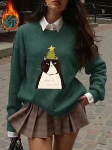 Top à manches longues en tricot de fausse fourrure avec imprimé chat mignon sapin de Noël, mode décontractée automne/hiver pour femmes, vêtements d'automne pour femmes, tenue d'automne pour femmes, tenues de vacances pour femmes, style automne, vêtements d'hiver pour femmes M - Vert - Voir 4