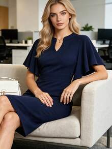 HOMEYEE Women's Elegant V-Neck Cutout Solid Color Ruffle Sleeve Bodycon Dress, Fashion Commuter Style Summer - Navy Blue - View 4