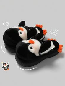 Penguin Cartoon Plush Hooded Slippers, Cute Thermal Lined, Unisex Soft Winter Outdoor Indoor Shoes - Black - View 5