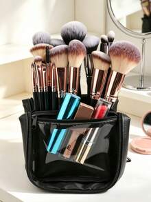 Upright Large Capacity Makeup Brush Storage Bag, Travel Portable PU Multi-Compartment Dust-Proof Design, Makeup Tool Organizer Bag (Makeup Brushes Not Included) - Multicolor - View 9