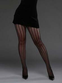 1 Pair Vertical Striped Elastic Fishnet Tights, Sexy Watermelon Striped Pantyhose, Versatile Gothic Style Fashion Fishnet Socks - Black - View 2