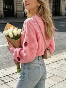 Women's Autumn/Winter V-Neck Button-Up Short Knit Cardigan With Strawberry Embroidery, Suitable For Daily Wear - Pink - View 3