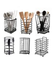 1pc Black Iron Draining Storage Rack, 6 Styles Available (Round/Square/Diamond), Kitchen Chopstick Holder Makeup Brush Bucket, Household Drill-Free Multi-Function Desktop Organizer Basket, Kitchen Utensils / Makeup Tools Universal Draining Storage Cylinder, Square Storage Box With Non-Slip Feet - View 12