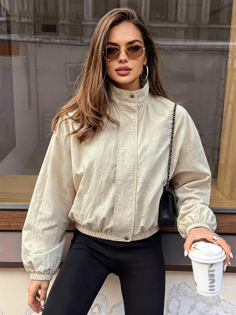 Women's Casual Street Style Loose Fit Stand Collar Zip-Up Jacket, Suitable For Daily Outings, Commuting And Dating, Autumn/Winter Loose Jacket - Apricot - View 1