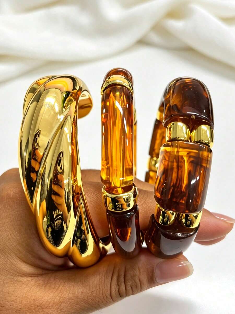 3 piezas/1 pieza Conjunto de pulseras vintage elegantes y minimalistas de moda para mujer, con CCB dorado y acrílico marrón empalmado, adecuado para fiestas, vacaciones, citas, regalos, uso diario, se puede apilar - Multicolor - Ver 1