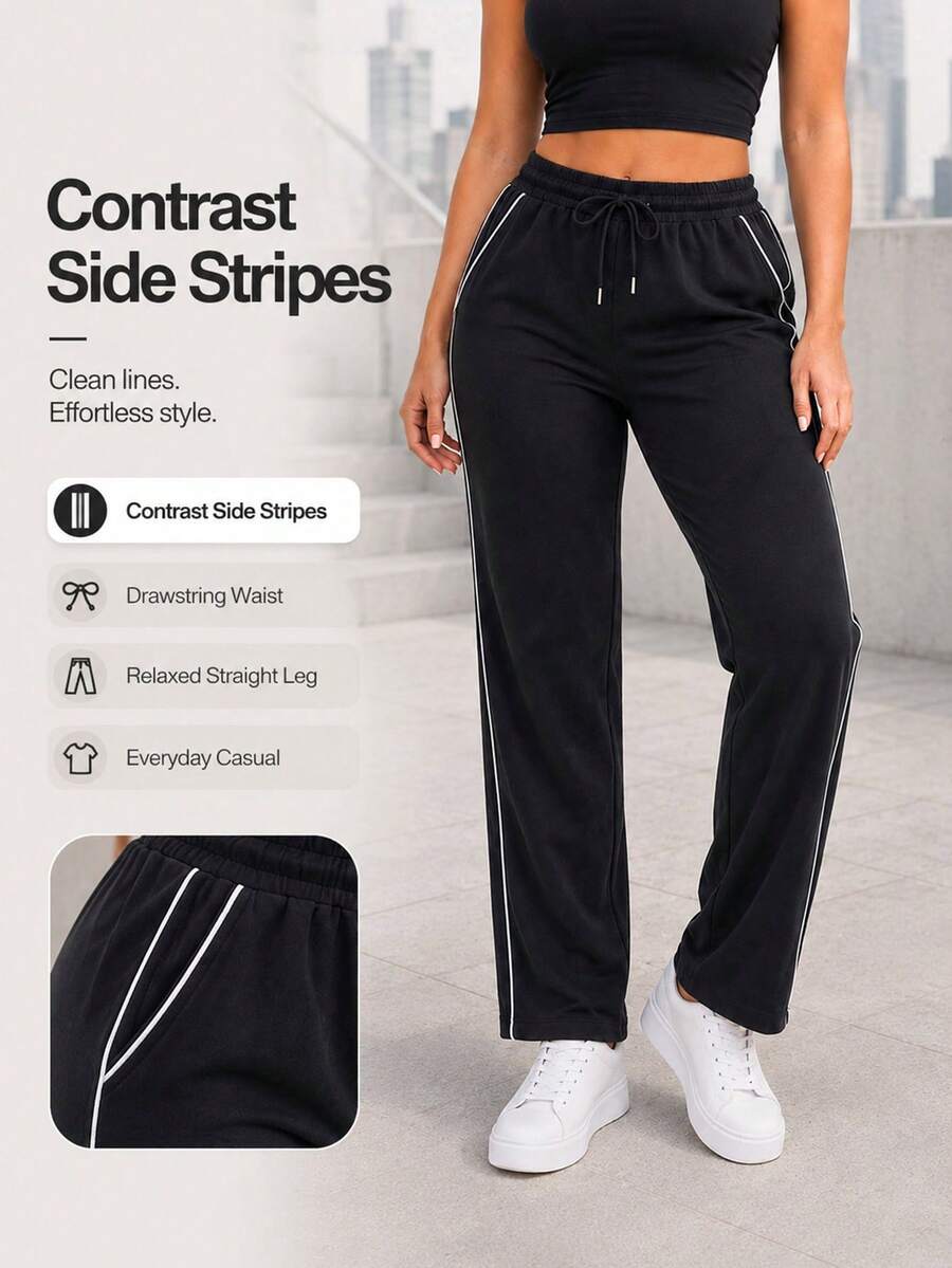 Women's Casual Wide Leg Pants With Contrast Side Stripes, Drawstring Elastic Waist, Straight Leg Fit And Side Pockets - Black - View 1