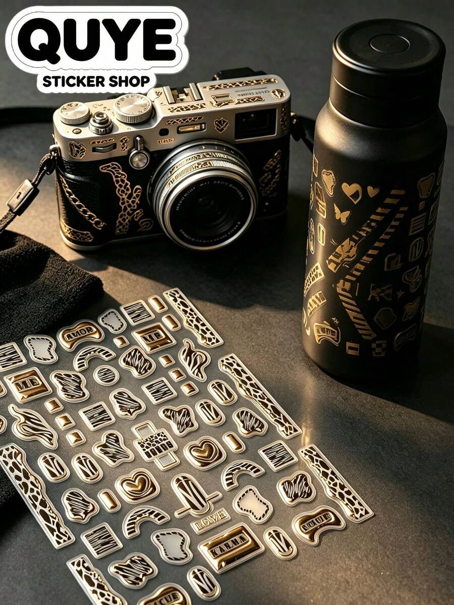 1pc Aesthetic Y2K Animal Pattern Decorative Sticker, Metallic Gold Asymmetric Design, Suitable For Laptop, Camera, Instant Camera, Phone Case, Earphone Case, Water Bottle, Storage Box, Home Decor - E - View 1