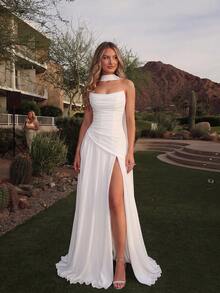 ADYCE Elegant Halter Neck Tie Sweetheart Neckline High Waist Pleated High Slit Backless Floor Length Evening Gown, Suitable For Prom, Birthday, Christmas, Wedding - White - View 6