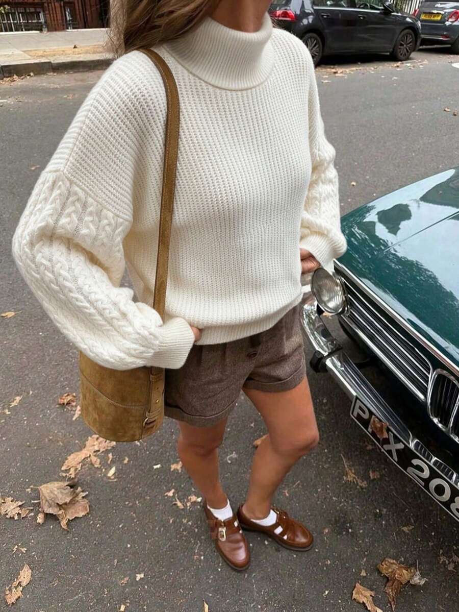 FOR BEAUTY Fall Winter Women Sweaters Y2K Minimalist White Turtleneck Cable Knit Tops Oversized Drop Shoulder Pullover Long Sleeve Casual Clothes - Apricot - View 1