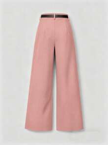 Pantalones rectos de cintura media de unicolor y elegantes con cinturón - Rosa - Ver 3