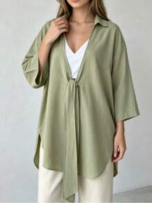 Casual Fashionable Women's Green Kimono-Style Long Blouse, With Shirt Collar And Tie Design, Ideal For Spring And Autumn, Comfortable To Wear Fall - Green - View 5