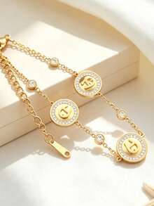 Fashion Rhinestone Stainless Steel Necklace & Bracelet 2pcs Set, Minimalist Commuter Women's Jewelry Set - Gold - View 5