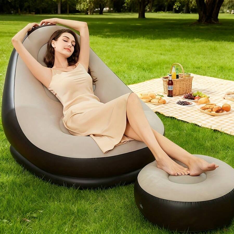 Sofa dan Sandaran Kaki Tiup, Kursi Sofa Lipat Portabel dengan Sandaran Kaki, Cocok untuk Ruang Tamu, Kamar Tidur, Luar Ruangan, Balkon, dan Berkemah, Hadiah Terbaik untuk Keluarga: Sofa Paling Nyaman - Model baru - View 1