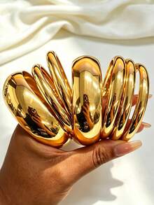7pcs/4pcs/3pcs Bohemian Style Minimalist Elegant Women's Smooth Round Metal Bangle Set, Suitable For Vacation, Wedding, Party, Daily Wear, Stackable, Perfect Gift Choice - Gold - View 9