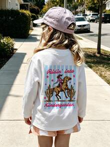 Little Girls Ridin' Into Kindergarten Cowgirl Print Long Sleeve Tee, Western Back To School Casual Round Neck T-Shirt - White - View 2