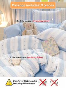 Ins Milk Blue Striped Bowknot Duvet Cover Set, Soft Fiber, Suitable For All Seasons, Includes 1 Duvet Cover And 2 Pillowcases, Does Not Include Duvet Insert And Pillow Insert, Pillowcase Pattern Randomly Cropped - Blue - View 6